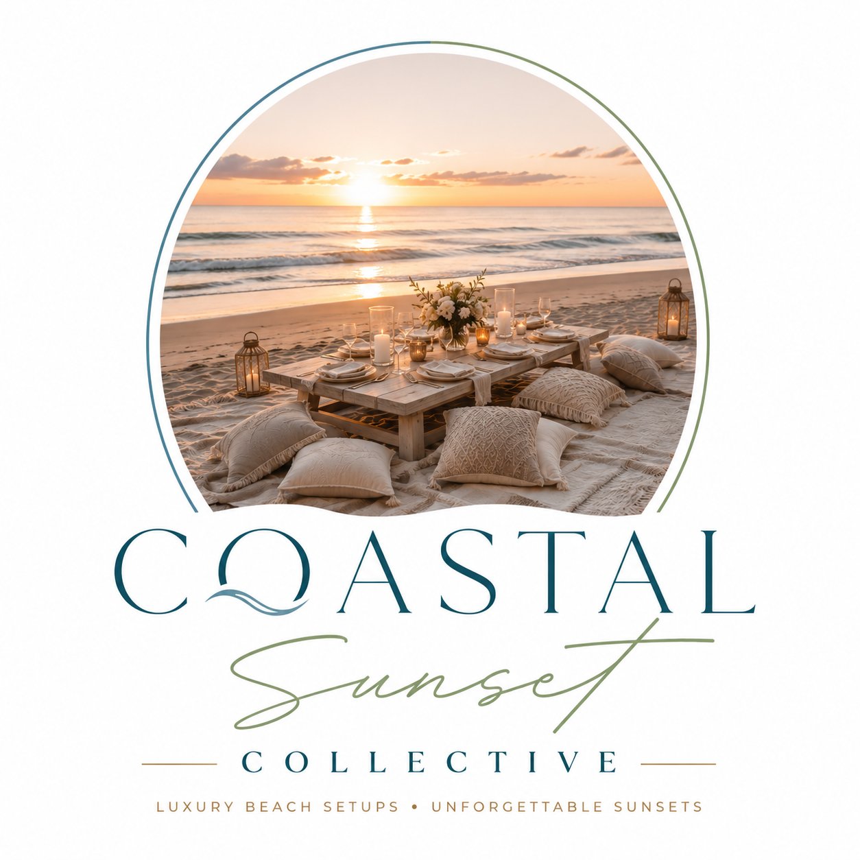 Coastal Sunset Collective beach picnic setup at golden hour